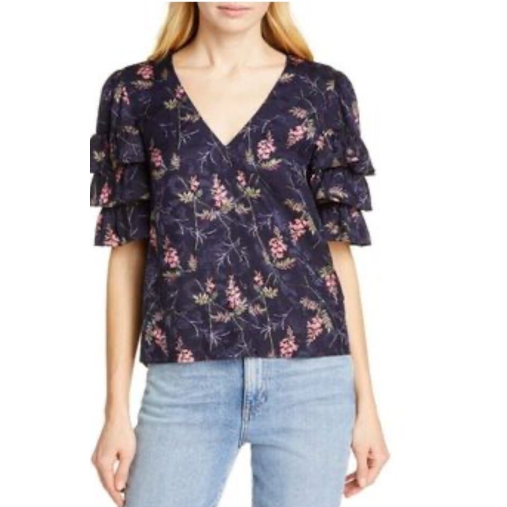 Rebecca Taylor Tiered Ruffle Sleeve Silk Blend Floral Blouse Blue Pink 2